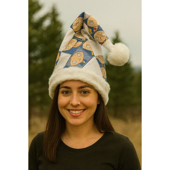 Handmade Upcycled Patchwork Family Guy Stewie Santa Hat Faux Fur Trim Holiday - Picture 8 of 8